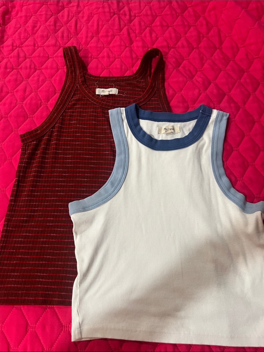 Madewell White Tank with Blue Trim & Brown Ribbed Tank